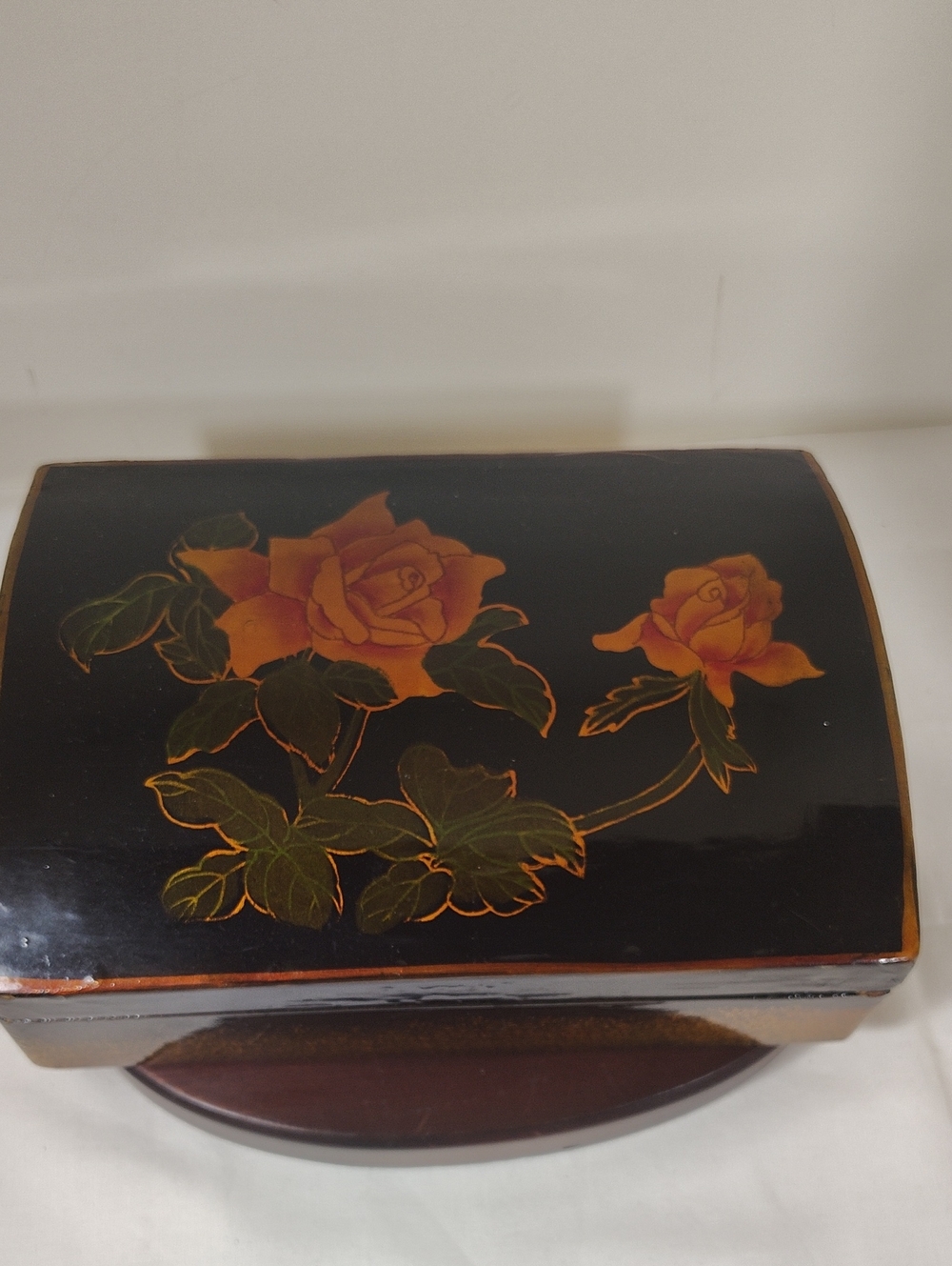 Hand-Painted Black Lacquer Jewelry Box with Orange Rose Design